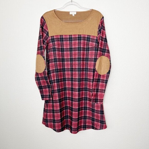 Simply Southern Red Plaid Flannel Dress Faux Suede Patches Womens Medium - Picture 1 of 8